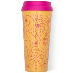 Amika Limited Edition Pink Yellow Printed Lightweight Travel Mug w Lid